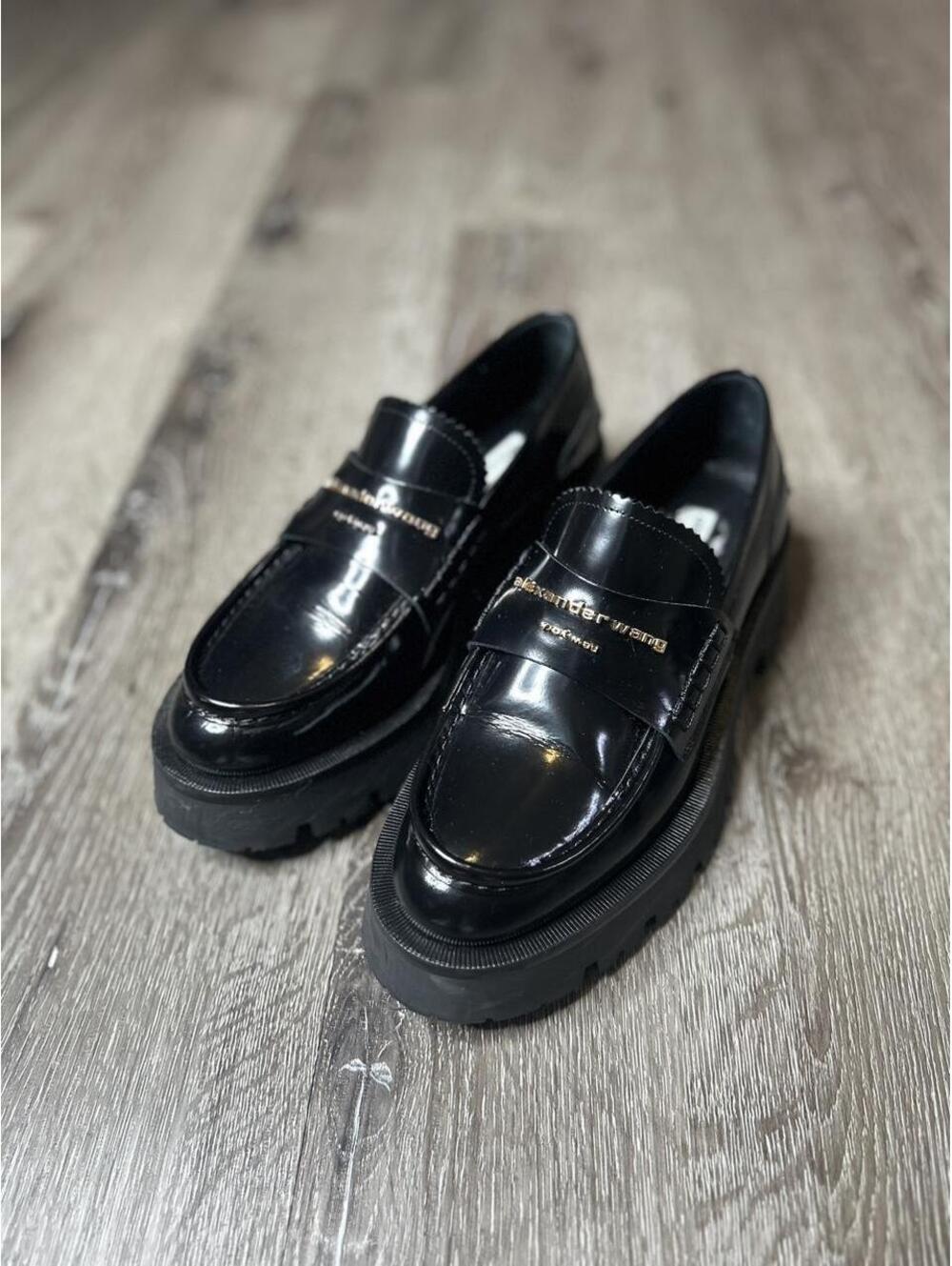 Alexander Wang Black Patent Leather Platform Penny Loafers Size 6.5US Lug Sole